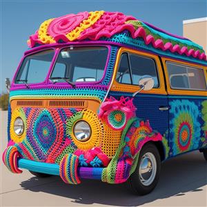 طرح فانتزی فولکس واگن با روکش بافتنی رنگارنگ مناسب برای چاپ روی بوم و تابلوهای دکوراتیو کافه و اتاق نوجوان