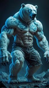 تصویر قدرتمند خرس قطبی انسان‌نما با عضلات ورزیده و تتو روی بازو ویژه پوستر دیواری باشگاه‌های بدنسازی و سالن‌های ورزشی