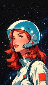 طرح نوستالژیک و رترو دختر فضانورد با موهای قرمز در میان ستارگان مناسب برای پوستر دیواری فانتزی و اتاق خواب جوانان