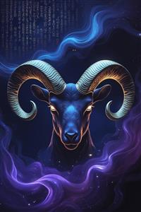 طرح گرافیکی قوچ با شاخ‌های طلایی در فضای انتزاعی و کهکشانی بنفش مناسب برای چاپ روی ماگ، دفترچه و پوستر دیواری مدرن