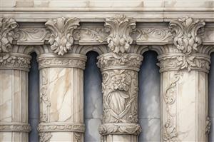 نمای نزدیک ستون‌های رومی کلاسیک با سرستون‌های ابزارخورده سنگی مناسب پوستر دیواری لابی هتل و تالارهای پذیرایی مجلل