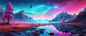 منظره فانتزی سیاره‌ای با کوهستان و دریاچه بنفش ویژه پوستر دیواری عریض سالن پذیرایی، تابلوی دکوراتیو ویلا و اتاق خواب نوجوان