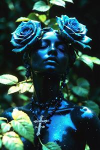 تندیس هنری زن سیاه و آبی با گل‌های رز در میان برگ‌های سبز برای پوستر دیواری خاص پذیرایی، تابلوی دکوراتیو عمودی و فضای نمایشگاهی