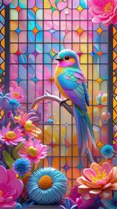 تصویر فانتزی پرنده رنگارنگ روی شاخه با پس‌زمینه شیشه منقوش اسلیمی برای پوستر دیواری پذیرایی، تابلوی دکوراتیو لابی هتل و چاپ روی پرده