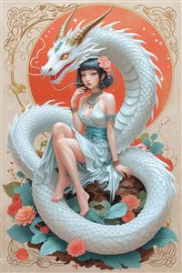 پوستر دیواری سبک انیمه طرح اژدهای سفید و دختر با لباس سنتی چینی برای دکوراسیون اتاق نوجوان