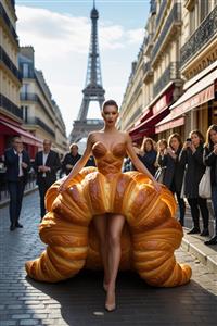 تصویر هنری مدل با لباس کروسان در خیابان پاریس و نمای ایفل برای کافه، رستوران و نانوایی فانتزی