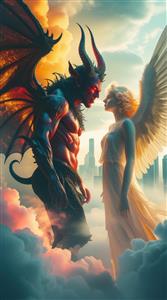 تابلو دکوراتیو فانتزی تقابل فرشته و شیطان در آسمان شهر برای اتاق گیمینگ و فضاهای خاص