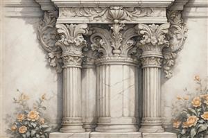 پوستر دیواری کلاسیک طرح ستون‌های رومی و گچ‌بری لوکس با گل رز برای پشت تلویزیون و لابی هتل