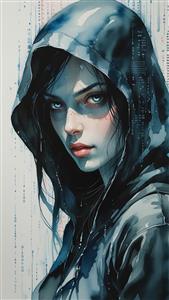 طرح آبرنگی چهره دختر مدرن با کلاه هودی مناسب برای پوستر دیواری اتاق جوانان و دفتر کار فانتزی