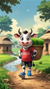 نقاشی کارتونی گاو مهربان در مسیر روستا با سبد علف مناسب برای پوستر دیواری اتاق کودک، مهدکودک و طراحی جلد کتاب های آموزشی کودکان