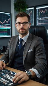 عکس باکیفیت تاجر جوان در اتاق مانیتورینگ بورس و ترید ویژه پوستر دیواری دفاتر اداری، اتاق کنفرانس و پشت میز مدیریت