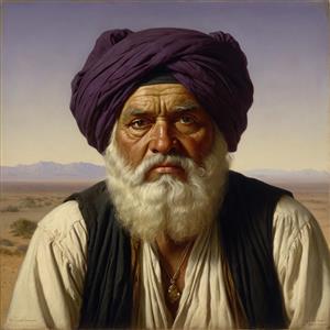 تصویر پیرمرد عشایر با دستار بنفش و چهره آفتاب سوخته ویژه دکوراسیون های سنتی ایرانی، سفره خانه ها و چاپ روی فرش و تابلو بوم