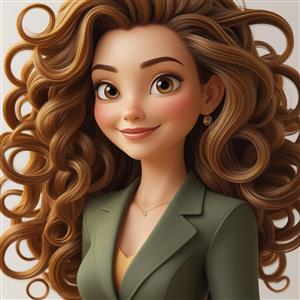 کاراکتر انیمیشنی زن با موهای فر قهوه ای و کت سبز مناسب برای چاپ کتاب داستان، دفترچه و پوستر دیواری اتاق نوجوان و محیط های آموزشی