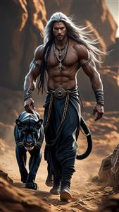 طرح جنگجوی باستانی با پلنگ سیاه در کوهستان مناسب برای پوستر دیواری باشگاه‌های ورزشی و گیم‌نت