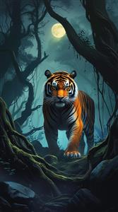 تصویر ببر با ابهت در جنگل تاریک زیر نور ماه کامل ویژه پوستر دیواری اتاق مدیریت، لابی و فضاهای خاص