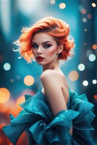 پرتره زن با موهای نارنجی و لباس تور آبی در فضای نئونی مناسب برای دکوراسیون سالن آرایش و آرایشگاه زنانه