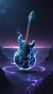گیتار الکتریک فانتزی با طرح کهکشانی و صاعقه در دل کوهستان مناسب برای پوستر دیواری استودیو موسیقی و اتاق نوجوان