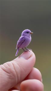 تصویر فانتزی پرنده بنفش کوچک روی انگشت دست با پس‌زمینه محو ویژه قاب دکوراتیو اتاق خواب و تابلوهای هنری مدرن