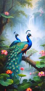 منظره عمودی طاووس‌های زیبا در کنار آبشار و گلهای نیلوفر آبی برای پوستر دیواری راهرو، ویلا و تالارهای پذیرایی با تم طبیعت