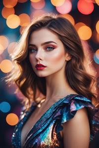 پرتره زن زیبا با پیراهن پولک‌دار در پس‌زمینه بوکه و نورهای رنگی ویژه پوستر دیواری مزون‌های لباس و تابلو شاسی اتاق خواب