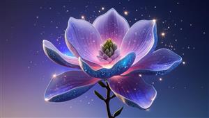 تصویر رویایی گل مگنولیا بنفش درخشان در شب پر ستاره برای پوستر دیواری پذیرایی و اتاق خواب آرامش‌بخش و دیوارپوش‌های سه بعدی لوکس