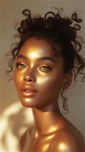 چهره فانتزی زن سیاهپوست با آرایش طلایی درخشان و پوست براق ویژه تابلوهای دکوراتیو سالن زیبایی و اتاق خواب مدرن با قابلیت چاپ روی بوم