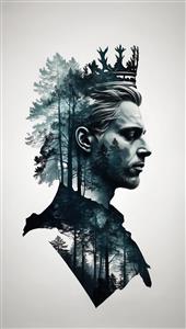 طرح مینیمال چهره مرد و جنگل (دابل اکسپوژر) مناسب پوستر دیواری آرایشگاه مردانه، کافه و اتاق کار