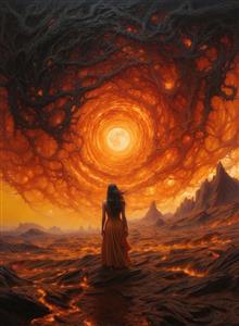 نقاشی دیجیتال زن در سرزمین گدازه و آسمان آتشین مناسب چاپ پوستر دیواری سالن پذیرایی و تابلوهای خاص دکوراتیو