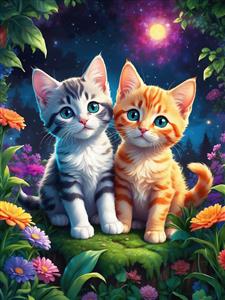 پوستر دیواری دو بچه گربه در میان گل‌های رنگارنگ زیر نور ماه برای دکوراسیون اتاق خواب و تابلوی فانتزی