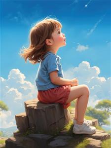 تصویر فانتزی دختر بچه در حال تماشای ستاره‌ها مناسب چاپ پوستر دیواری اتاق کودک و تابلوی دکوراتیو مهدکودک