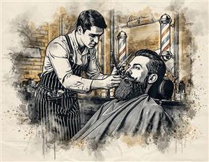 طرح کاغذ دیواری آرایشگاه مردانه مرد آرایشگر در حال اصلاح مشتری