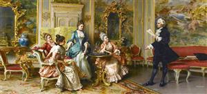 تابلو دکوراتیو طرح شاعر جوان در مهمانی اشرافی اروپایی با فیگورهای کلاسیک مناسب سالن پذیرایی و عمارت‌های مجلل