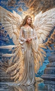 نقاشی فرشته با بال‌های بزرگ سفید و لباس بلند کلاسیک برای چاپ روی بوم و پوستر دیواری اتاق خواب و لابی هتل