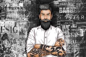 پوستر دیواری آرایشگاه مردانه مدل باربر جذاب همراه با لوازم و زمینه وینتج