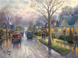 نقاشی نوستالژیک محله مسکونی در باران و غروب برای پوستر دیواری راهرو و لابی آپارتمان