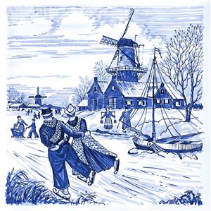 نقاشی سنتی هلندی اسکیت روی یخ و آسیاب بادی برای چاپ کاغذ دیواری و تابلوهای دکوراتیو
