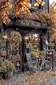 نمای کلاسیک ورودی کافه گل‌فروشی با دوچرخه قدیمی ویژه پوستر دیواری مزون و بوتیک