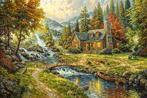 منظره نقاشی طبیعت، رودخانه و کلبه سنگی در جنگل پاییزی برای پوستر دیواری سالن پذیرایی و ویلا