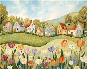 تصویرسازی فانتزی خانه‌های رنگی و دشت گل لاله مناسب پوستر دیواری اتاق کودک و مهدکودک