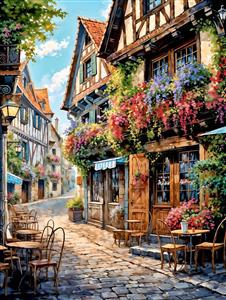 نمای کوچه سنتی اروپایی با میز و صندلی کافه طرحی زیبا برای پوستر دیواری رستوران و کافی‌شاپ