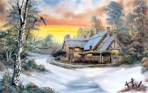 تصویر نقاشی کلبه زمستانی در غروب برفی با طوطی‌های رنگارنگ ویژه چاپ روی بوم و کوسن