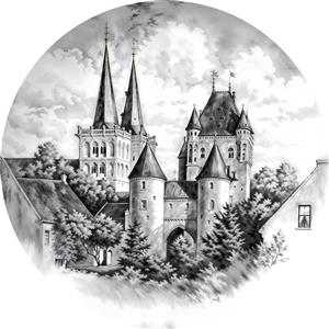 تصویر گرافیکی عمارت و کلیسای قدیمی به سبک قلم‌زنی مناسب برای قاب دکوراتیو و دفتر مدیریت