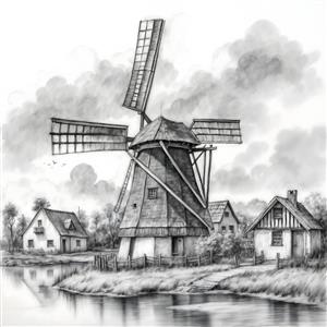 طرح سیاه و سفید مدادی آسیاب بادی هلندی و کلبه روستایی برای پوستر دیواری اتاق کار و کلاسیک