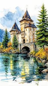 نقاشی آبرنگ قلعه تاریخی اروپایی کنار دریاچه مناسب پوستر دیواری پذیرایی و لابی هتل