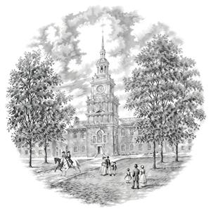 طرح گرافیکی تالار استقلال فیلادلفیا با کادر دایره‌ای مناسب برای چاپ روی بشقاب‌های تزئینی و محصولات فرهنگی