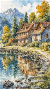 منظره آبرنگی خانه‌های کوهستانی و انعکاس در آب مناسب برای چاپ روی ماگ، تری و تابلوهای دکوراتیو مدرن