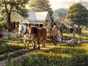 تصویر زندگی روستایی با کالسکه اسب و گوسفندان در مزرعه برای پوستر دیواری آشپزخانه و محیط‌های بوم‌گردی