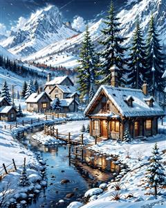 پوستر دیواری زمستانی کلبه‌های چوبی و کوهستان برفی ویژه دکوراسیون ویلا، رستوران‌های کوهستانی و شومینه