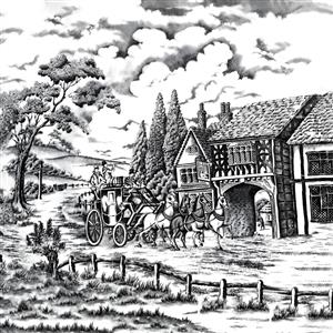 طرح سیاه و سفید کالسکه سلطنتی و عمارت قدیمی مناسب برای چاپ کاغذ دیواری کلاسیک و پوسترهای هنری خاص