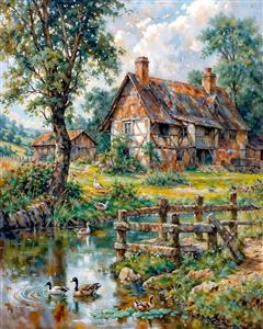 طرح هنری خانه روستایی قدیمی و برکه غازها برای پوستر دیواری اتاق کودک، مهدکودک و فضاهای صمیمی